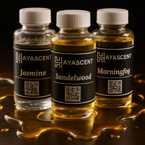 Hayascent aroma oliën Jasmine, Sandelwood en Morningfog met gemorste olie voor een luxueuze sfeer